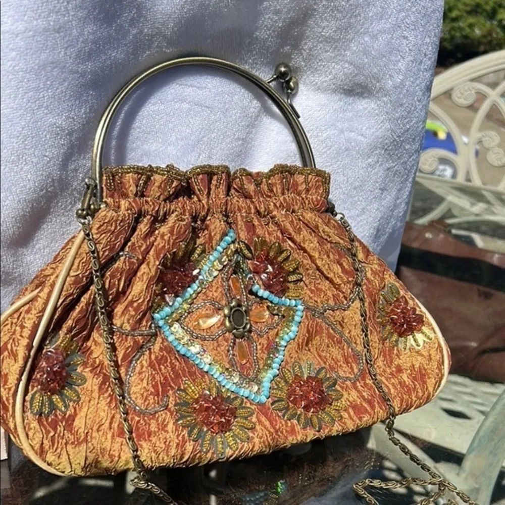 Vintage Inspired Beaded Gold and Blue Clutch/ Shoulder/ / Crossbody